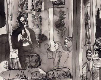 Evening drawing of a cafe crowd in Amsterdam