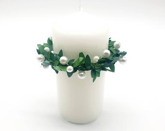 Protezione antigoccia per candele, gonna per candele, candela per battesimo, ghirlanda di bosso, decorazione da tavola verde, comunione, cresima, battesimo, matrimonio, compleanno, decorazione da tavola