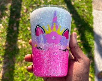 Glittered Unicorn Kids Tumbler Cup, Custom Glittered Tumbler, Glitter Ombre Travel Tumbler, Girls Birthday Gift, Custom Unicorn Cup