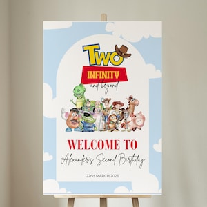 Puede incluir: Un letrero de cumpleaños con personajes de la serie de películas animadas. El letrero dice "Two Infinity and Beyond" con el texto "Bienvenido al segundo cumpleaños de Alexander" y la fecha 22 de marzo de 2026.