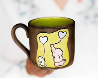 Friendsip gift Best friend gift Elephant mug Rabbit mug Coffee mug Ceramic mug Pottery mug Brother gift Sister gift Long distance Kids gift