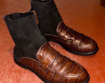 Rare original Loewe Crocodile-effect Leather Sock Ankle Boots brown and black, made in Italy, mules, shoes