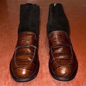 Raros botines tipo calcetín de cuero con efecto cocodrilo de Loewe originales en marrón y negro, hechos en Italia, mules, zapatos imagen 3