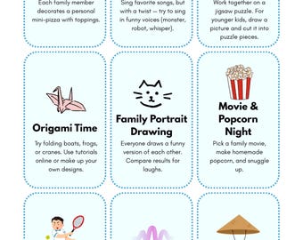 Rainy Day-kaarten voor familieactiviteiten | 27 afdrukbare games en leuke ideeën voor binnen voor kinderen en volwassenen | DIY-kaarten voor gezellige peuteractiviteiten thuis