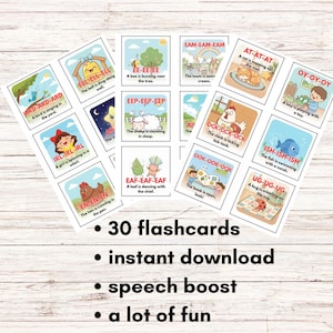 May include: A collection of 30 flashcards with colorful illustrations and text, designed for early learning. Each card features a different word or phrase with corresponding images. The cards are labeled with the phrases "instant download", "speech boost", and "a lot of fun".