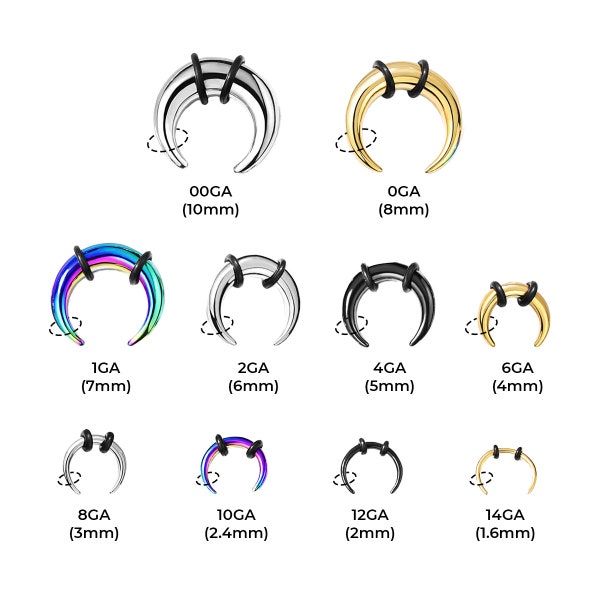 Anneau de septum pour pince en fer à cheval Cresent 14G 12G 10G 8G 6G 4G 2G 1G 0G 00G Poids d'oreille Bouchons pour brancards Jauges de septum Cerceaux de buffle