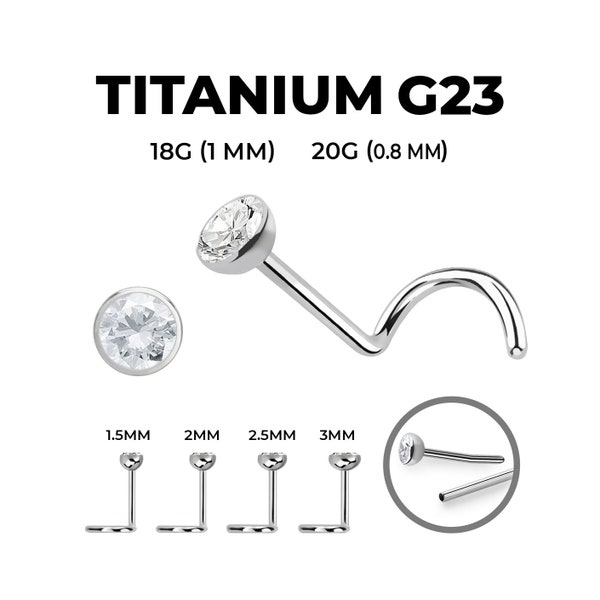 G23 Implant Grade Titanium Nose Ring Stud 20/18 Gauge Nose Screw Tiny 1.5mm 2mm 2.5mm 3mm Bezel CZ Diamond Look Nose Stud Piercing Jewelry