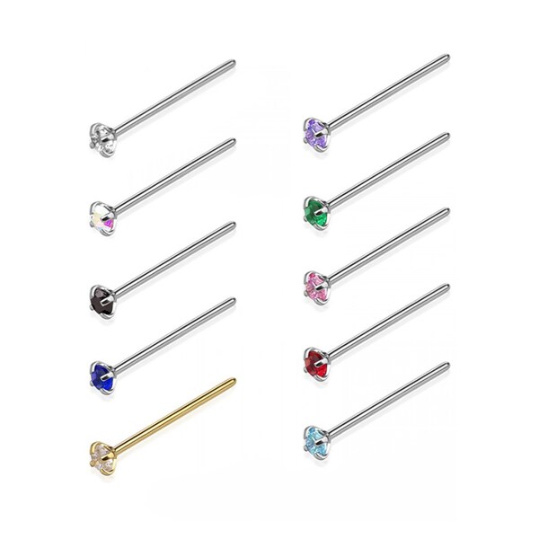 10PCS Fishtail Nose Ring 20 Gauge Surgical Steel 15mm Bendable Press Fit Nose Stud Rings CZ 2.5mm Cubic Zirconia Nostril Piercing Jewelry