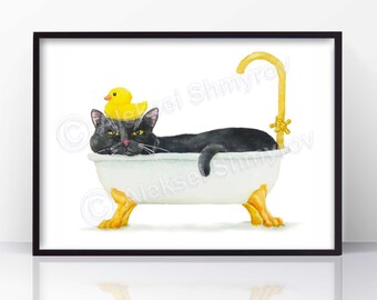 pigeon painting cat lady gifts cat print colorful painting surrealism art cat art wall decor Black cat painting print on canvas