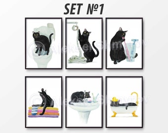 Bath Time and Toilet Time Black Cat Set of 6. Cat Print, Cat Decor, Wall Art, Watercolor Painting, Bathroom Decor, Cat Lover Gift