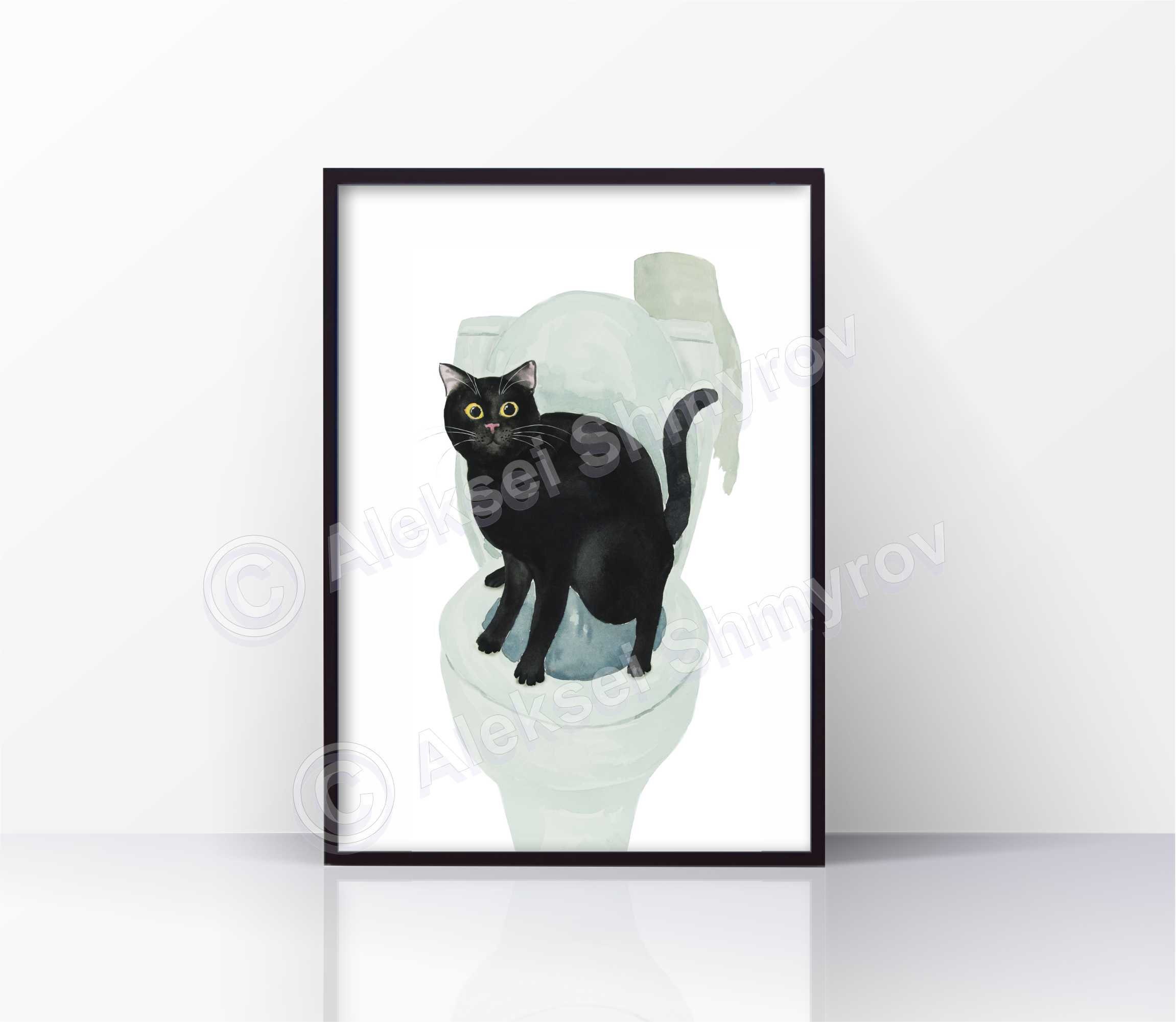 Cat Print Toilet Time. Black Cat Art Cat Decor Watercolor | Etsy