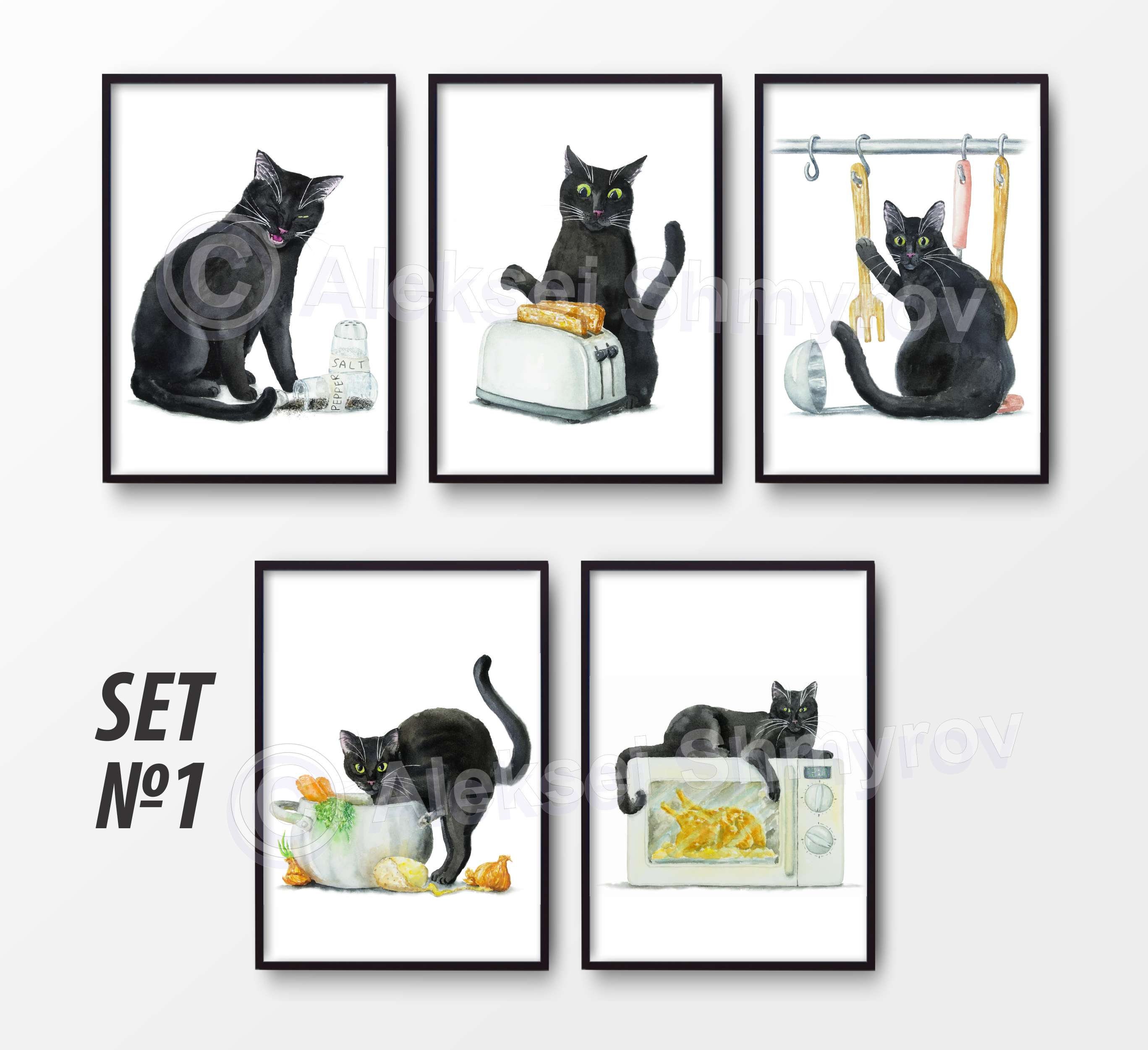 Kitchen Black Cat Set of 5. Cat Print Cat Decor Wall Art Etsy
