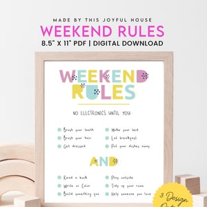 May include: Printable 8.5 x 11 inch PDF poster with colorful text that reads "Weekend Rules". The poster lists rules for kids to follow on the weekend, such as "Brush your teeth", "Make your bed", "Read a book", and "Help someone you love".