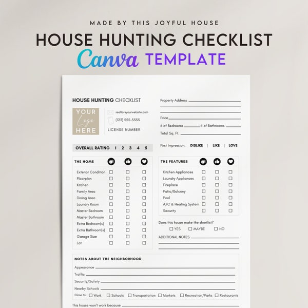 Realtor House Hunting Checklist | Canva Template | Customizable