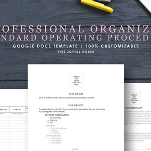 May include: A digital template for a professional organiser's standard operating procedure. The image shows a document with the text "PROFESSIONAL ORGANIZER STANDARD OPERATING PROCEDURE" and "GOOGLE DOCS TEMPLATE | 100% CUSTOMIZABLE". Also visible is a mileage tracker.