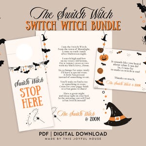 May include: Printable Halloween Switch Witch door hanger and card set. The door hanger says "Switch Witch Stop Here" with a witch's wand and stars. The card says "I am the Switch Witch from the town of Moonlight. I come to trade candy after Halloween night."