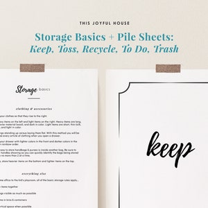 Puede incluir: Dos hojas blancas de papel con texto negro que describe los conceptos b&aacute;sicos de almacenamiento para ropa y accesorios. La hoja de la izquierda tiene una lista de consejos para organizar la ropa, mientras que la hoja de la derecha tiene la palabra "keep" escrita en cursiva negra.