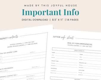 Important Information Bundle: Emergency Contacts + Medical Info + Babysitter Info + Insurance Contacts + More | Digital Download