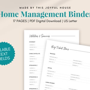 Cartable de gestion pour la maison | PDF avec des champs de texte remplissables | Design moderne et économie d'encre | Téléchargement numérique