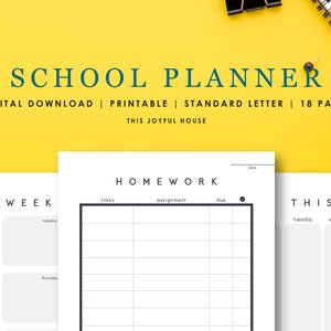 Puede incluir: Un planificador escolar imprimible con un diseño en blanco y negro. El planificador incluye secciones para "Esta semana" y "Tareas". El texto "SCHOOL PLANNER" está en la parte superior de la página, junto con el texto "DIGITAL DOWNLOAD | PRINTABLE | STANDARD LETTER | 18 PAGES".