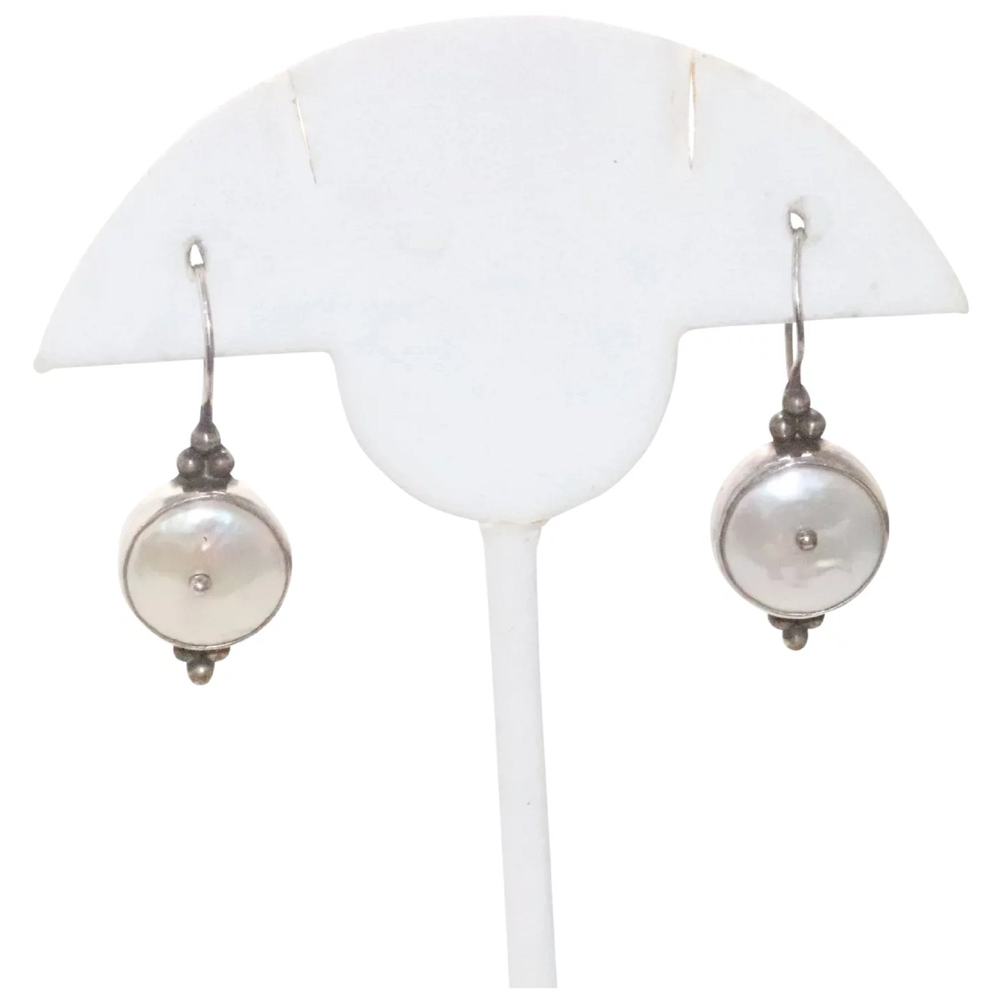 Vintage Sterling Bezel-Set Mother of Pearl Large Oval 1\u201d Stud Earrings