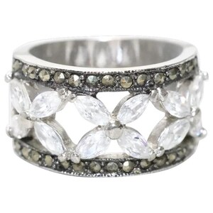 Sterling Silver Cubic Zirconia Marcasite Floral Ring