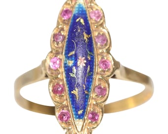 Victorian Navette 18 KT Yellow Gold .32 CT Ruby and Floral Enamel Ring