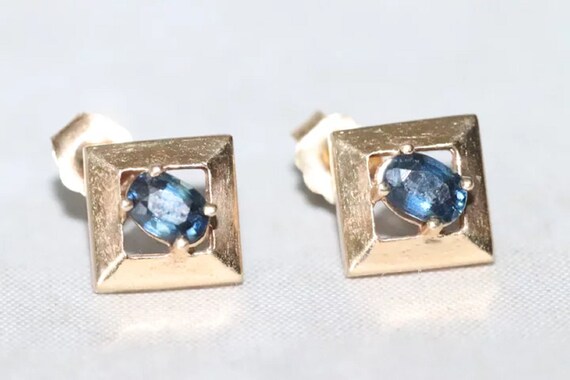 14K Yellow Gold .30 CT Oval Sapphire Earrings - image 2
