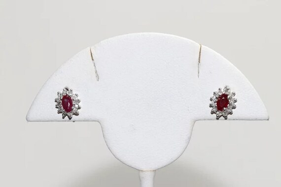 14K White Gold Diamond Halo Ruby Earrings - image 2