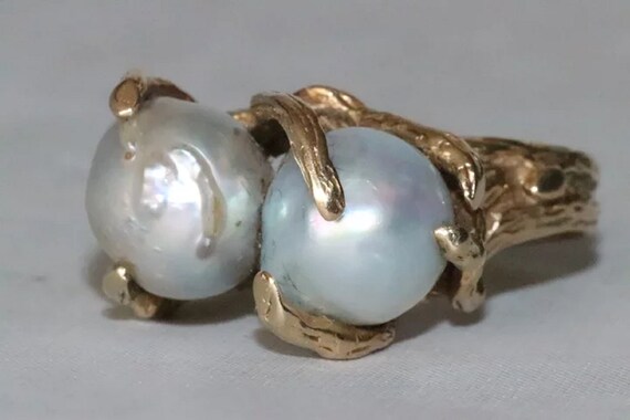 Vintage 14K Yellow Gold Double Baroque Pearl Ring - image 2