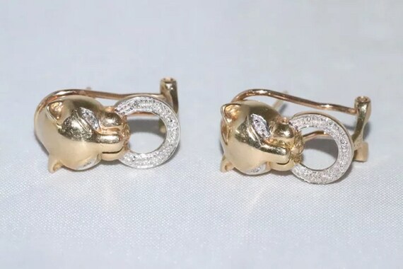 14K Two Toned Diamond Panther Earrings - image 3