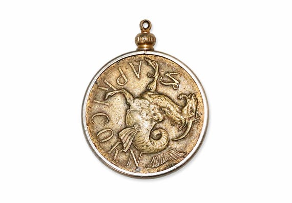 Vintage Capricorn Zodiac Two Toned Metal Medallion