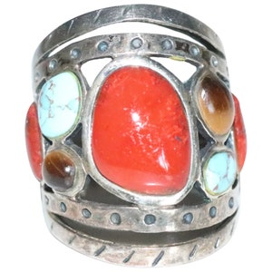 Sterling Silver Red Agate Turquoise Tiger Eye Ring