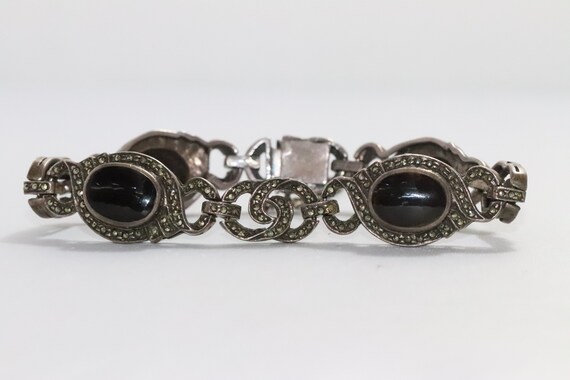 Vintage Sterling Silver Black Onyx Oval Bracelet - image 3