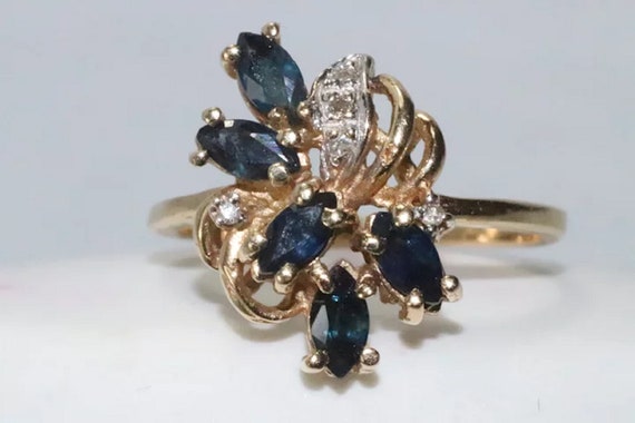 14K Yellow Gold Marquise Sapphire Diamond Ring - image 2