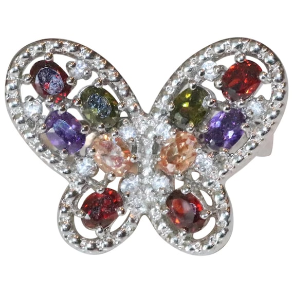 Sterling Silver Multi Colored Stone Butterfly Ring