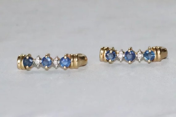 14K Yellow Gold Diamond Faceted Sapphire Earrings - image 2