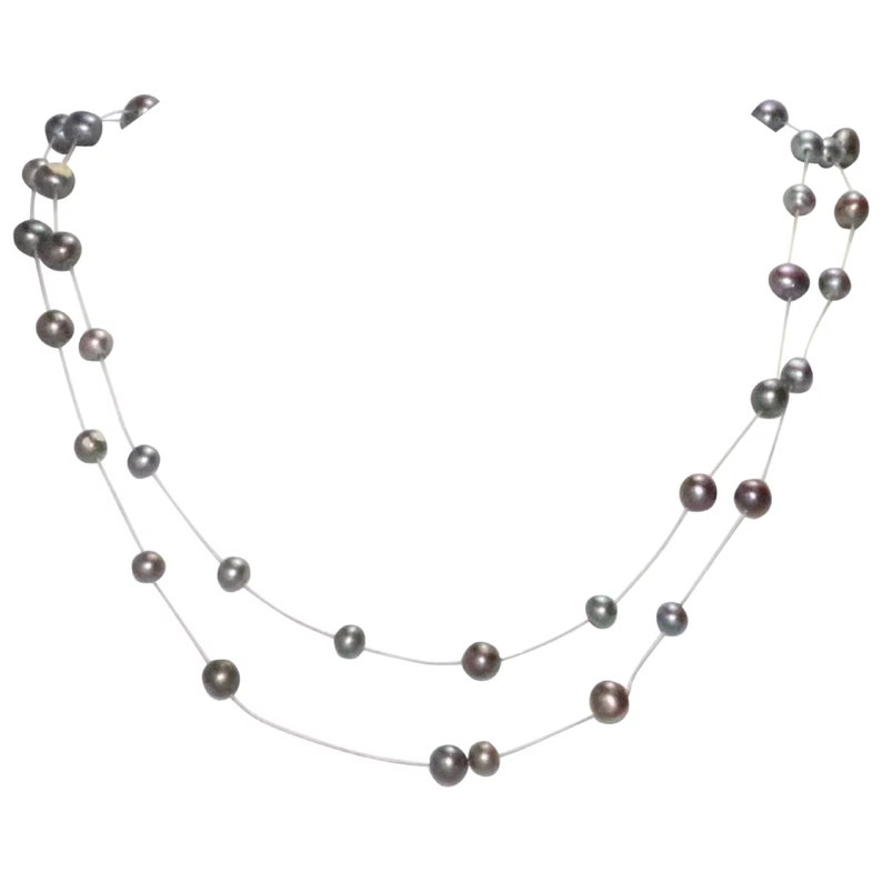 14K Yellow Gold Double Stranded Fish Wire Black Pearled Necklace