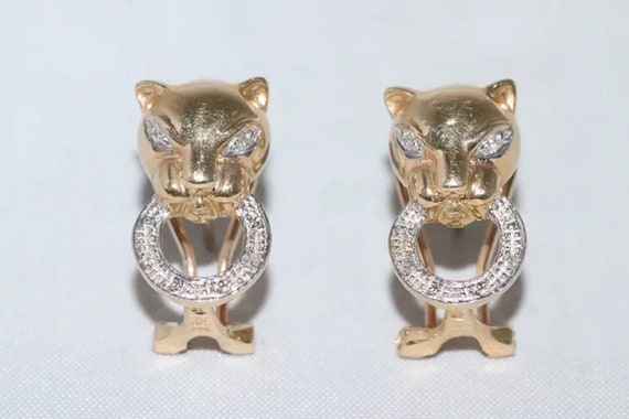 14K Two Toned Diamond Panther Earrings - image 2