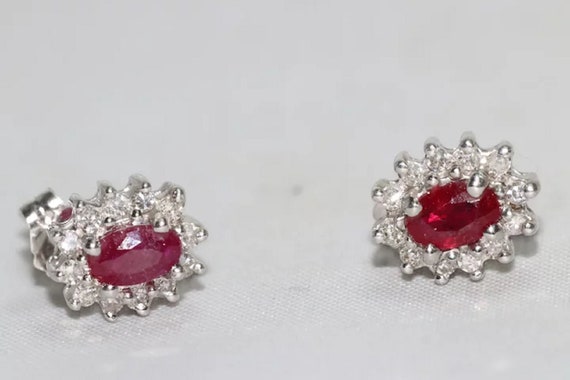 14K White Gold Diamond Halo Ruby Earrings - image 3