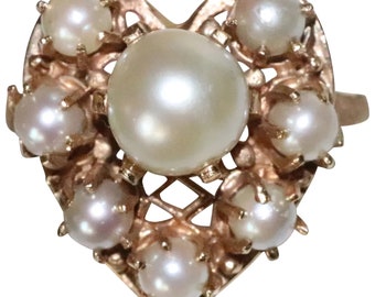 Vintage 14K Yellow Gold Cultured Pearl Heart Ring