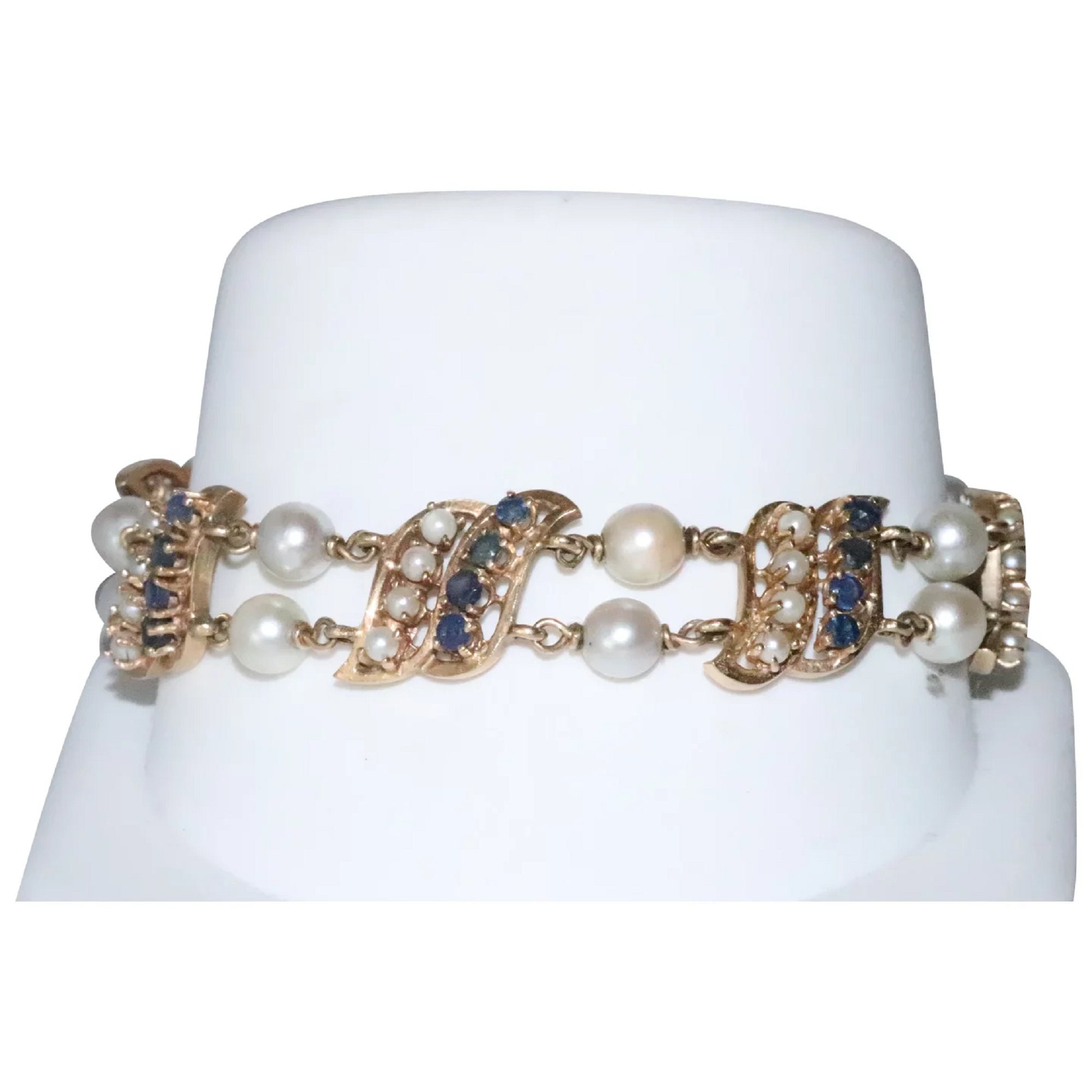 Vintage 14K Yellow Gold Natural 1.68 CT Sapphire Cultured Pearl Bracelet
