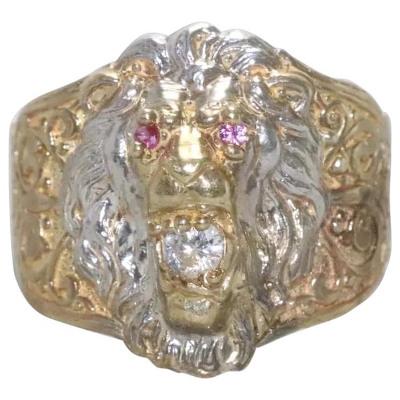 10k Two Toned Gold Ruby Cubic Zirconia Lion Ring