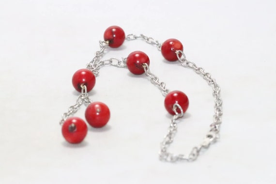 Sterling Silver Red Bamboo Bead Dangling Necklace - image 2