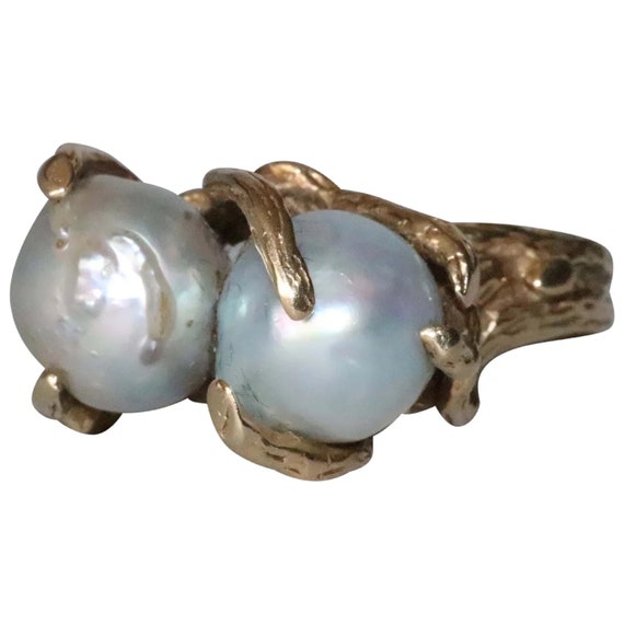 Vintage 14K Yellow Gold Double Baroque Pearl Ring - image 1