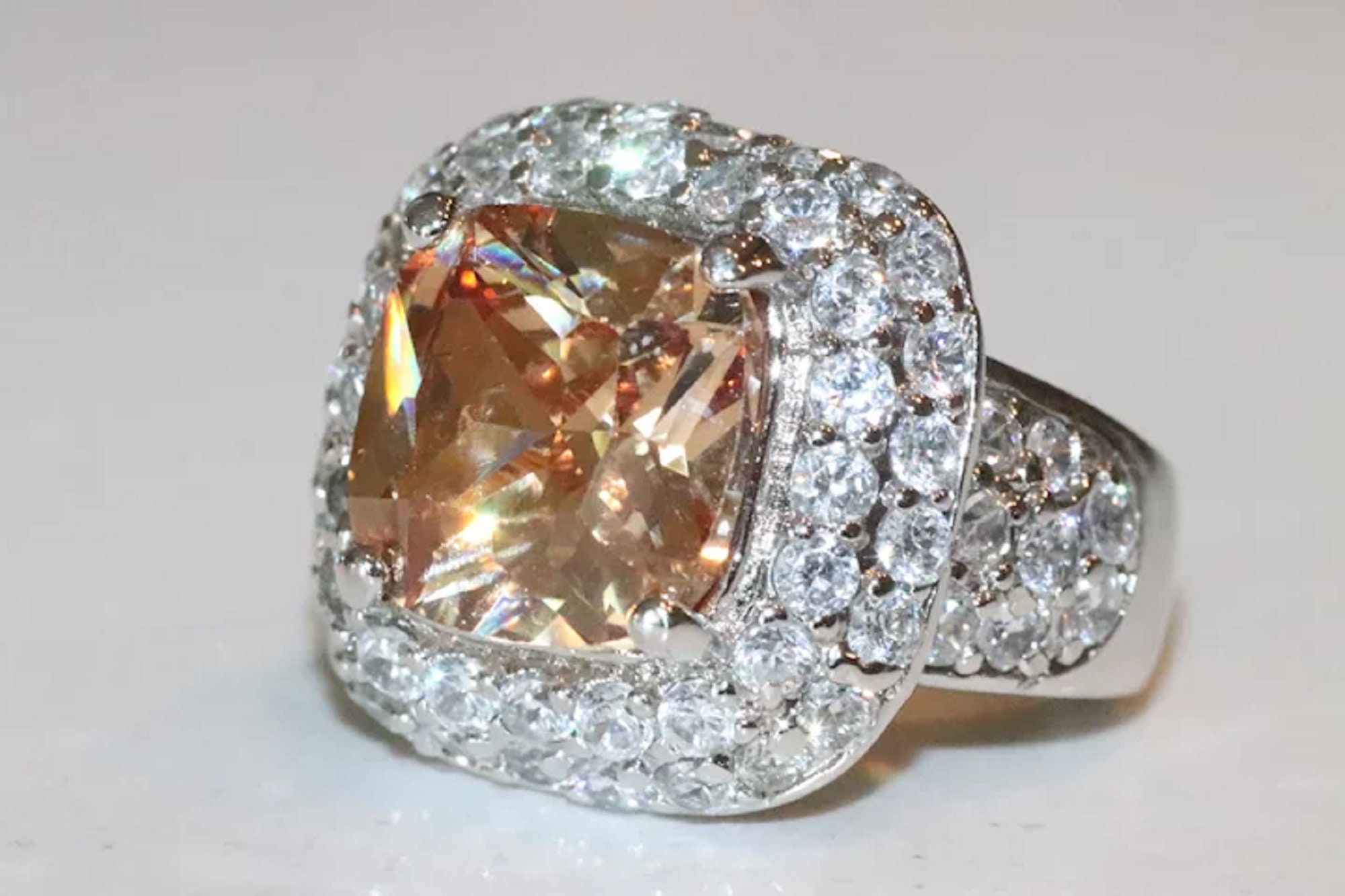 Sterling Silver Halo Cubic Zirconia Cushion Cut Faceted Etsy