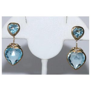 14k Yellow Gold Faceted Blue Topaz Heart Earrings