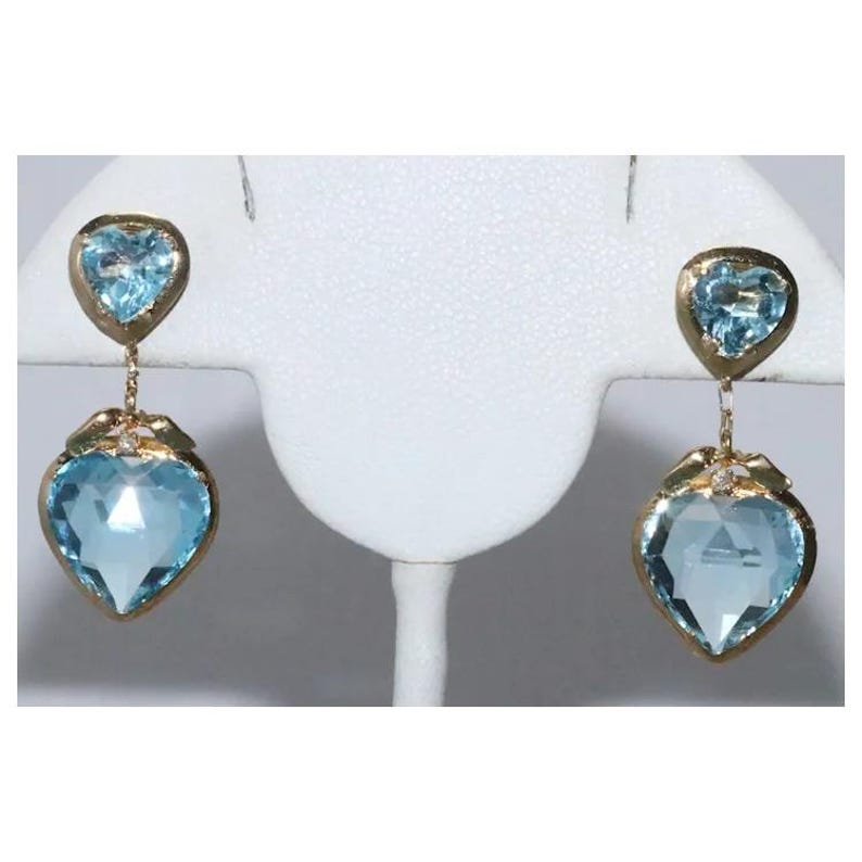 14k Yellow Gold Faceted Blue Topaz Heart Earrings