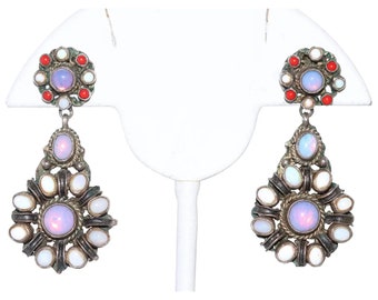 Vintage Victorian Sterling Silver, 14 KT Gold Coral and Opal Earrings