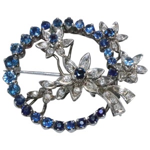 Vintage Sterling Silver Sapphire Diamond Floral Brooch